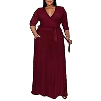 Runwind Plus Size Dress for Women - 3/4 Sleeve V Neck Printing Maxi Dresses for Women （XL-6XL）