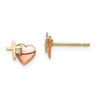 14k Yellow and White Gold Yellow & Rose Gold Madi K CZ Heart and Cross Post Earrings Length 6mm