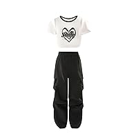 Verdusa Girl's 2 Piece Outfit Round Neck Short Sleeve Tee Tops and Cargo Pants Sets