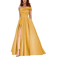 Women's One Shoulder Satin Prom Dress with Slit Long Evening Dress A Line Wedding Party Gown