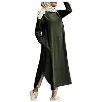 Women Retro Long Sleeve Dress Solid Color Round Neck Maxi Dresses