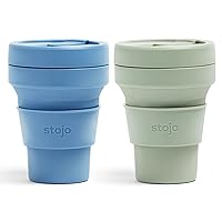 STOJO Collapsible Travel Cup Bundle - Sage Green and Steel, 12oz / 355ml - Reusable To-Go Silicone Cup Set