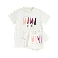 Mama and Mini Shirts Letter Print Short Sleeve Pullover Tops Mommy and Me Matching Outfits Baby Summer Clothes