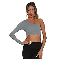 nine bull One Shoulder Tops for Women,Right Long Sleeve Cute Crop Top for Yoga