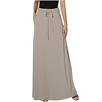 Womens Lace Up Maxi Skirt with Pockets Solid Color Elegant Summer Long Skirt High Waist Stylish Flowy A-Line Skirts