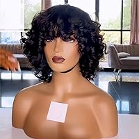 Brazilian Remy Curl Scalp Top Full Machine Made Wig With Bangs Short Curly Bob Cut Human Hair Wigs For Black Women (12inch, Short Curly Bob Cut 180% Density)
