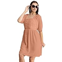 Women’s Solid Ruched Midi Dress, Smocked Style, Elbow Sleeves Dress