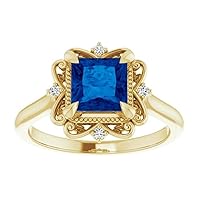 2.5 CT Vintage Square Blue Sapphire Engagement Ring 14k Yellow Gold, Victorian Halo Princess Cut Natural Blue Sapphire Diamond Ring, Antique Ring