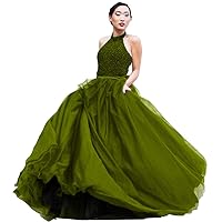 Women's Sexy Halter Backless Prom Dress with Beaded Evening Formal Occasion Dress Tulle