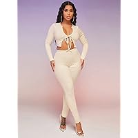 Two Piece Outfits for Women Solid Tie Front Top & Leggings (Color : Beige, Size : Small)