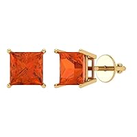 4.0 ct Brilliant Princess Cut Solitaire Genuine Red Simulated Diamond Pair of Stud Earrings 18K Yellow Gold Screw Back
