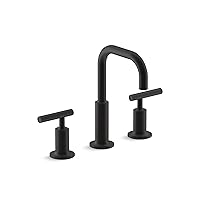 KOHLER 14406-4-BL Purist Lavatory Bathroom Faucet, Widespread Sink Low Lever Handles and Low Gooseneck Spout, Matte Black