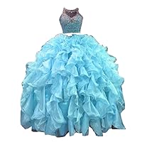 2024 Two Pieces Sheer Neck Ruffled Skirt Ball Gown Quinceanera Prom Dresses with Crystal Top