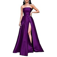 Leeskoot Women's Satin Prom Dress 2024 Spaghetti Strap Formal Evening Gown with Slit Strapless Bridesmaid Dresses for Wedding