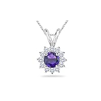 February Birthstone - Diamond Cluster Amethyst Solitaire Pendant AAA Round Shape in 14K White Gold Available from 5mm - 8mm