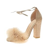 Womens Strappy Heels High Heels Open Toe Block Heeled Shoes Dress Gladiator Fluffy Shoes for Party Wedding Prom Dance