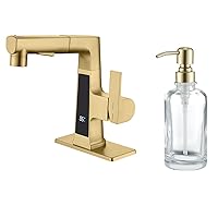 LED Bathroom Faucet with Pull Out Sprayer with Clear Glass Soap Dispenser with Gold Pump, Temperature Digital Display Black Bathroom Sink Faucet 2 Spray Modes