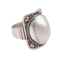 NOVICA Artisan Handmade 18k Gold Accent Mabe Cultured Freshwater Pearl Dome Ring from Bali .925 Sterling Silver White Domed Cocktail Indonesia Birthstone 'Palace of Moonlight'