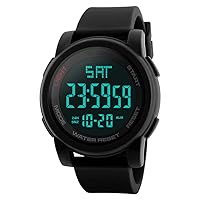 FeiWen Mens Large Dial Digital Watch 50M Waterproof Outdoor Sports Military Multifunction Plastic Wrist Watch with Rubber Band LCD Bakc Lights Calendar Countdown, Black