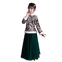 Girls' Winter Hanfu Dress,New Dark Green Chinese Style Thickened Hanfu Suit,Embroidered Mesh New Year's Dress.