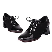LEHOOR Women Chunky High Heel Oxford Pumps Square Toe Lace Up Loafer Heels Two Tone 3 inch Block Heel Oxford Shoes Patchwork Suede Patent Fashion Casual Walking Party 5-10 M US