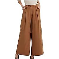 Womens Wide Leg Trousers Elastic Waist Flowy Pants Solid Color Palazzo Pants Casual Loose Fit Lounge Pants Pockets