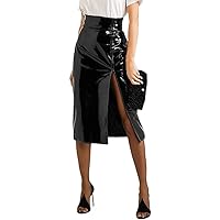 Sexy Black Split Slit Patent Leather Midi Skirt Women High Waist Knee Length PVC Skirt Elegant Office Latex Skirt