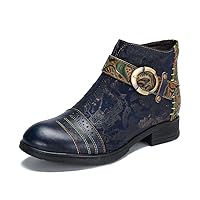 Womens Bohemian Block Heels Leather Boots Colorful Leather Ankle Boots Vintage Boots for Women Round Toe Flat Heels Ankle Booties Retro Dress Short Boots With Side Zipper for Ladies Party