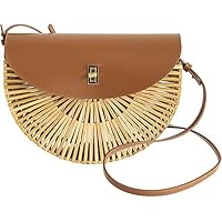Handwoven Round Bamboo Bag Natural Shoulder Bag with Leather Straps Women's Handmade Straw Purse