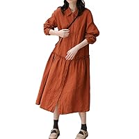 Women's Linen Polo Neck Long Sleeve High Waist Vintage Dress