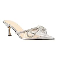 Women's Closed Pointed Toe Pumps Glitter Rhinestone Backless Heels Bowknot Low Kitten Heeled Sandals Wedding Summer Dress Shoes