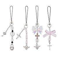 SUPERFINDINGS 4Pcs 4 Styles Bowknot Heart Pearl Mobile Straps with Alloy Pendants Pink Transparent Beaded Phone Charms Phone Lanyard Strap Phone Charms Mobile Accessories Decorations 11-13cm