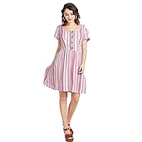 Women's Striped Short Sleeve Button-Front Mini Dress (Pink)