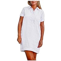 Women Cotton Linen Lapel Button Shirts Dresses with Pocket Summer Short Sleeve Casual Trendy Tunic Mini Plain Dress