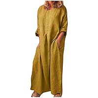 Spring Dresses for Women 2024 Casual Long Sleeve Crewneck Cotton Linen Dress Loose Maxi Tunic Dress with Pockets