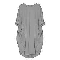 Flygo Women's Long Sleeve High Low Loose Cotton Tunic Dresses with Pockets