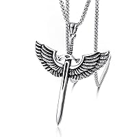 Stainless Steel Angel Wings Sword Cross Pendant Necklace for Men, 24 Inches Chain