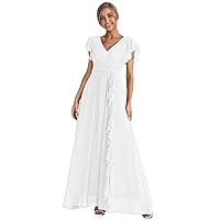 Modest Flutter Sleeve Chiffon Bridesmaid Dress Long Ruffle V-Neck Formal Wedding Party Dress for Women R022