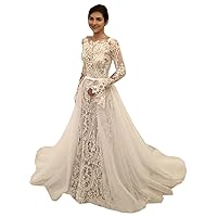 Women's Crewneck Long Sleeves Lace Wedding Dresses for Bride with Train Bridal Ball Gowns Plus Size