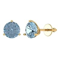 4.0 ct Round Cut Solitaire Genuine Blue Simulated Diamond Pair of Stud Martini Earrings 18K Yellow Gold Screw Back