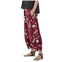Comfortable Pants Floral Print Cotton Elastic Waist Pocket Wide Leg Pants Womens Business Casual Pants Long