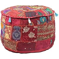 Decorative Patchwork Comfortable Indian Ottoman Ethnic Cotton Cushion Bean Bag Designs Floor Embroidered Pouf Cover (Red, 14