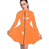 23 Colors Long Sleeve PVC Pleated Mini Dress Zipper Front Sexy Wetlook Clubwear (Orange,S)