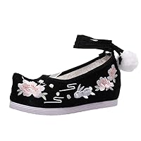 Cocked Toe Ancient Style Women Cotton Fabric Shoes Ankle Strap Embroidery Dancing Shoe Ladies Pumps Black Plush 8