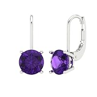 3.9ct Round Cut Solitaire Natural Amethyst Unisex Lever back Drop Dangle Earrings 14k White Gold conflict free Jewelry