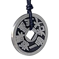 Chinese-Japanese i-ching coin iching Silver Pewter Pendant Necklace Good Luck Foutune Money Wealth Lucky Charm Protection Amulet Safe Travel Talisman Turtle Longevity Medallion w Black Adjustable Cord