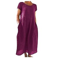 Casual Beach Dress for Women Linen Cotton Baggy Tshirt Maxi Long Dress with Pockets Plus Size