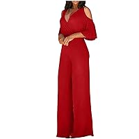 Womens Sexy Jumpsuits Cold Shoulder Long Sleeve Rompers Elegant V Neck Dressy Jumpsuit for Party Wedding Guest