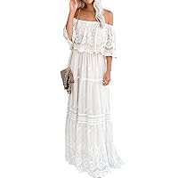 Women's Boho Dress Off-Shoulder Lace Floral Drape Wedding Bridesmaid Party Summer Beach Long Maxi Bohemian Dress