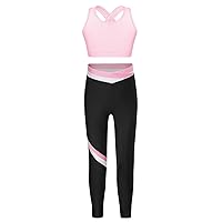 Kids Girls Sports Outfits Sleeveless Cross Back Crop Tops and Stripes Athletic Legging Gymnastic Activewear